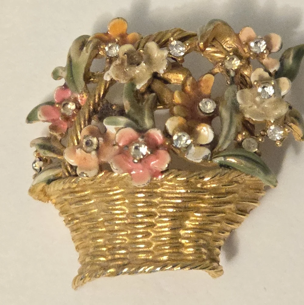 Vintage Signed BSK My Fair Lady Brooch Flower Basket Gold Tone Enamel Rhinestone